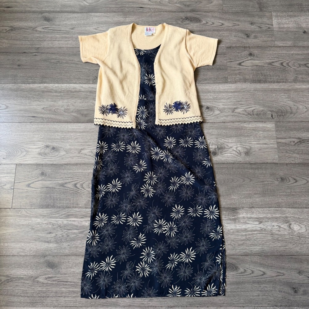 R&K Original Petite Navy Floral Maxi Dress & Yellow Embroidered Cardigan Set 10P